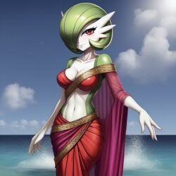 ai_generated beach cleavage flat_stomach gardevoir green_hair indian medium_breasts ocean pokemon red_eyes saree skinny