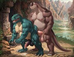 2boys ai_generated anal anal_sex anthro anthro_on_anthro anthro_penetrated anthro_penetrating anthro_penetrating_anthro balls big_balls big_muscles big_nipples big_penis big_testicles black_penis blue_eyes booster_rex cum cumming cumming_while_penetrated daddy dinosaur erect_nipples erect_penis furry furry_male gay green_body grey_body huge_balls huge_cock huge_muscles huge_testicles male male/male male_only muscles muscular muscular_anthro muscular_male nipples open_mouth penis red_eyes sharp_teeth sharptooth_(character) tail teeth testicles the_land_before_time two_tone_body veiny_penis yaoi yiff