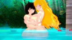 2girls black_hair black_hair_female blake_belladonna blonde_female blonde_hair breasts canon_couple holding_each_other long_hair long_hair_female nude_female purple_eyes rwby stormstriker tropical tropical_setting water yang_xiao_long yellow_eyes