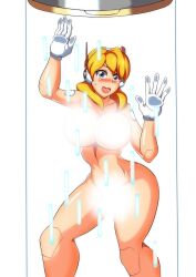 1girls alia big_breasts blonde_hair blue_eyes blush boob_window breasts_on_glass censored kotatuman_dash mega_man mega_man_x mega_man_x_dive naked nude_female robot_girl white_background white_gloves