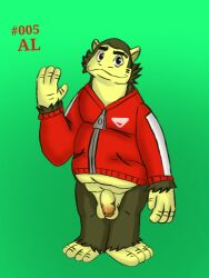 al_(animal_crossing) animal_crossing anthro ape bottomless brown_body brown_fur clothed clothing eyebrow_slit eyebrows fupa fur gesture gorilla haplorhine jacket looking_at_viewer male mammal nintendo onikuma_(artist) overweight overweight_anthro overweight_male partially_clothed primate red_clothing smile solo topwear waving waving_at_viewer yellow_body yellow_skin