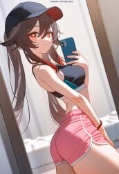 1girls ai_generated alternate_breast_size ass booty_shorts breasts brown_eyes brown_hair bubble_butt dolphin_shorts female genshin_impact hu_tao_(genshin_impact) large_ass light-skinned_female light_skin long_hair medium_breasts petite petite_body selfie short_shorts shorts star-shaped_pupils thighs twintails