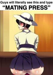 1girls ass ass_focus big_ass blush english_text female filia_(skullgirls) guys_will_literally_see_this_and_type_mating_press hat meme meme_caption skirt skullgirls tagme text thick_thighs tobyllitos