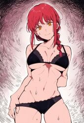 ai_generated bare_arms bare_belly bare_legs bare_shoulders bare_thighs belly_button big_breasts black_bra black_panties black_underwear bra braided_ponytail breasts chainsaw_man cleavage closed_mouth collarbone groin hand_in_own_panties hip_bones jei_games long_hair makima_(chainsaw_man) panties panty_pull red_hair smile standing sweat sweaty_body thighs underboob underwear underwear_only yellow_eyes