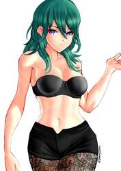 bare_shoulders black_bra black_pants black_underwear bra breasts byleth_(fire_emblem) byleth_(fire_emblem)_(female) cleavage female female_protagonist fire_emblem fire_emblem:_three_houses green_hair jackary_draws midriff navel nintendo pants pantyhose purple_eyes simple_background solo underwear white_background