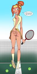 aeolus06 ass ass_grab big_hero_6 big_hero_6:_the_series clothing dialogue disney disney_channel glasses hair_band hair_bun headband honey_lemon lipstick looking_at_viewer looking_back marvel no_panties orange_hair seductive skirt skirt_lift smile speech_bubble tennis_court tennis_racket text yellow_eyes