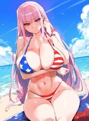 ai_generated american_flag_bikini arm_under_breasts artist_upload beach big_breasts bikini breasts female female_only hololive hololive_english light-skinned_female mori_calliope pale-skinned_female reinafan sitting solo solo_female tagme virtual_youtuber wide_hips