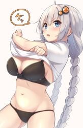 ahoge ass_visible_through_thighs black_bra black_panties blue_eyes blush bow bow_bra bra braid breasts cleavage clothes_lift commentary cowboy_shot female grey_hair hair_ornament highres kizuna_akari large_breasts lifting_own_clothes long_hair looking_at_viewer mole mole_on_breast navel open_mouth panties shirt shirt_lift short_sleeves shun_(b.c) solo speech_bubble star_(symbol) stomach translated twin_braids underwear undressing v-shaped_eyebrows very_long_hair vocaloid voiceroid white_shirt