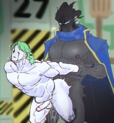 2boys abnormality_(project_moon) backshots cum der_freischütz der_freischutz employee_(lobotomy_corporation) gay green_hair lobotomy_corporation project_moon pulling_arms this_is_lcorpagent toran_jis_ta