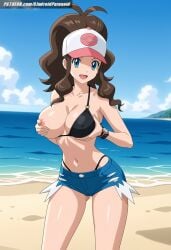 ai_generated aindroidparanoid baseball_cap beach big_breasts bikini blue_eyes breasts brown_hair cap cleavage covered_nipples denim_shorts grabbing_own_breast hat hilda_(pokemon) hips huge_breasts large_breasts long_hair massive_breasts narrow_waist navel nipples one_breast_out outdoors pokemon pokemon_(species) pokemon_bw pokemon_trainer ponytail short_hair slim_waist stable_diffusion taller_girl thick_thighs tight_clothing topless voluptuous watch wavy_hair wide_hips