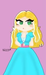 blue_bra blue_dress bra brawl_stars green_eyes multikitty piper_(brawl_stars) yellow_hair zipper_down