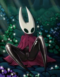 1girls absurd_res arthropod black_eyes black_skin bottomless cape cloak clothed clothing empty_eyes female hi_res hollow_knight hornet_(hollow_knight) insects pipyaka pussy red_cape solo thick_thighs