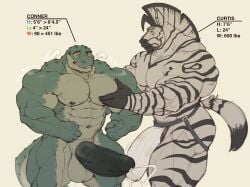 2024 2boys abs anthro balls bara barazoku big_balls big_muscles big_penis bodily_fluids clothed clothing conner_(oldshep) crocodile crocodilian crocodylid cum cum_in_clothing cum_through_clothing curtis_(oldshep) duo ejaculation english_text equid equine flexing gay genital_fluids genital_outline genitals green_body hand_on_pec hi_res huge_cock huge_muscles hyper hyper_genitalia hyper_penis jockstrap male male_only mammal muscular muscular_anthro muscular_male navel nipples nude oldshep pecs penis reptile scalie simple_background striped_body stripes surprised_look text underwear wet wet_clothing yellow_eyes zebra