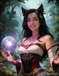 ahri ai_generated fanart fantasy fox_ears foxgirl league_of_legends magic orb tastamoza yellow_eyes