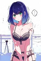 ai_assisted ai_generated bare_arms bare_belly bare_shoulders belly_button big_breasts black_bra black_lingerie black_panties black_thighhighs blue_hair blush body_blush bra breasts cleavage closed_mouth collarbone garter_belt garter_straps green_eyes jei_games kurokawa_akane lace-trimmed_bra lace-trimmed_garter_belt lace-trimmed_panties lingerie medium_hair oshi_no_ko panties strap_slip sweat sweaty_body thighhighs thighs underwear zettai_ryouiki