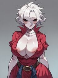 1boy 1girls ai_generated areolae barren_(ai_prompter) belt black_eyes black_sclera bloody_queen cleavage dress highres identity_v idv large_breasts light_skinned_female looking_at_viewer mary_(identity_v) nipple_slip nipples red scars scars_on_neck short_hair stable_diffusion stitches white_hair