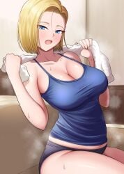 1girls absurdres android_18 blonde_hair blue_camisole blue_eyes bob_cut breasts camisole cleavage commentary_request couch dragon_ball dragon_ball_z female forehead highres holding holding_towel kiteman442 large_breasts on_couch open_mouth panties short_hair sitting solo steaming_body sweat thighs towel towel_around_neck underwear