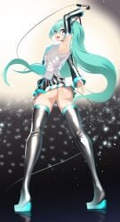 1girls armwear ass breasts cyan_eyes cyan_hair female female_only hatsune_miku high_thighs shiny_armwear shiny_ass shiny_body shiny_clothes shiny_skin shiny_thighhighs skirt skirt_lift vocaloid volyz