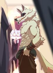abs absurd_res ambiguous_gender anthro arm_tuft arm_wrapping arm_wraps ass athletic black_clothing black_underwear blood blurred_background bodily_fluids bottomwear bottomwear_pull bulge canid canine canis catnip_(khatnid) cheek_tuft chest_tuft clothed clothing clothing_grab clothing_pull death_(puss_in_boots) domestic_cat dreamworks duo elbow_tuft eyewear facial_markings facial_tuft fangs felid feline felis first_person_view fitting_room fluffy fluffy_tail fur fuzzy glasses grey_body grey_fur half-closed_eyes head_markings hi_res hoodie khatnid looking_at_another looking_at_viewer male mammal markings mask_(marking) meme mirror muscular muscular_male narrowed_eyes neck_tuft nosebleed offscreen_character open_mouth pants pants_grab pants_pull partially_clothed puss_in_boots_(franchise) red_eyes reflection seductive side_view smile standing tail teeth tight_pants_(meme) topless topwear tuft underwear undressing undressing_self wide_eyed wolf wrapped_arms wraps