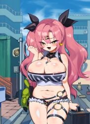 1girls areola_slip areolae big_breasts blush breasts clothed clothing earrings female green_eyes hair_ornament hairclip heart-shaped_pupils looking_at_viewer mayo mole necklace nicole_demara oerba_yun_fang open_mouth pink_hair pubic_hair solo twintails zenless_zone_zero