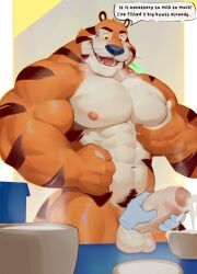 abs anthro anthro_only balls_on_table balls_out biceps blue_nose bowl bowl_of_cum bowls cereal_mascot cock cum cum_milking cumming dick fangs furry handjob humanoid_penis kelloggs marius_tygo mascot muscle muscular muscular_anthro orange_body orange_fur orgasm pecs penis penis_out pre_cum pre_cumming red_tongue speech_bubble squeezing_own_pec stripes tail_out talking_to_viewer text tiger tiger_boy tongue tony_the_tiger triceps white_abs white_pecs yellow_eyes