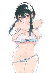 1girls ai_assisted ai_generated ass_visible_through_thighs bare_arms bare_belly bare_legs bare_shoulders bare_thighs belly_button big_breasts black_hair blue_bra blue_panties blue_underwear blush body_blush bra breasts cleavage closed_mouth earrings female female_only hairband human jei_games long_hair panties panties_down red_eyes removing_shirt smile solo spy_x_family thighs underwear undressing wet_body wet_clothes yor_briar