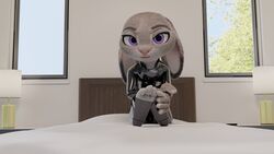 3_toes 3d absurd_res bdanimare bed bedroom bedroom_eyes bodysuit bunny catsuit clothing daytime disney ears_down feet female fingerless_gloves floppy_ears foxidro hand_on_foot heels judy_hopps lagomorph latex outdoors paws purple_eyes rabbit smile soles toeless_legwear zootopia