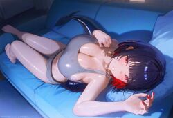 1girls ai_generated big_breasts blue_hair bra couch ellen_joe grey_bra grey_panties grey_tank_top hoyoverse kawaii_roid light-skinned_female light_skin looking_at_viewer lying lying_on_couch mihoyo on_back panties red_eyes red_hair shark_girl shark_tail short_hair solo tagme tank_top two-tone_hair wet_body zenless_zone_zero