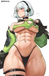 1girls abs anby_demara blush breasts cromwellb cunning_hares from_below hoyoverse large_breasts mihoyo mihoyo_technology_(shanghai)_co._ltd. muscular_female silver_hair tagme thigh_strap thighs thong zenless_zone_zero