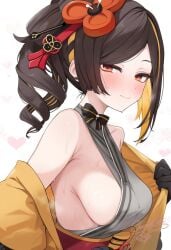 ai_generated breasts brown_hair chiori_(genshin_impact) drill_hair female genshin_impact kimono red_eyes sideboob