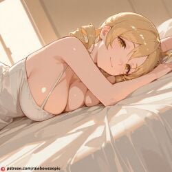 ai_generated blonde_hair breasts huge_breasts looking_at_viewer lying mahou_shoujo_madoka_magica on_bed smile tomoe_mami yellow_eyes