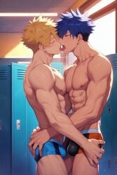 ai_generated bara black_hair black_hair_bottom character_request domination gay jp3taro light_hair_on_dark_hair male male_focus male_only muscular muscular_male red_hair red_hair_on_black_hair red_hair_top yaoi