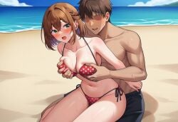 1boy 1girls ai_generated beach black_swimming_trunks black_swimsuit black_swimwear blossomtea blush braid breasts breasts_grab breasts_grabbed_from_behind brown_hair canon_design civitai clouds collarbone dot_nose eyebrows eyebrows_visible_through_hair eyelashes eyelashes_visible_through_hair eyeless eyeless_male grabbing_breasts grabbing_from_behind green_eyes grope grope_from_behind groping groping_breasts groping_from_behind mai_shishikusa masa_works_design medium_hair medium_length_hair no_teeth oni_to_kitsune_no_hanashi polka_dot_bikini polka_dots red_bikini red_swimsuit red_swimwear sand self_upload short_hair straight sweat sweatdrops sweating sweating_profusely swimming_trunks swimsuit tongue trunks_(clothing) tsurime water