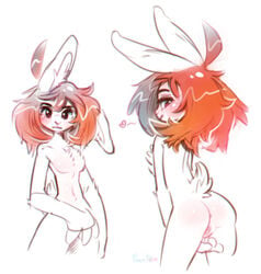 anthro anus ass blush breasts female hair heart lagomorph looking_at_viewer looking_back mammal multiple_angles nude orange_hair panken pussy rabbit rear_view simple_background smile solo suggestive_look white_background