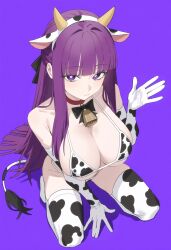 1girls animal_ears animal_print bangs bare_shoulders bell bell_collar big_breasts bikini bikini_top blush breasts cleavage collar cow_bell cow_ears cow_girl cow_horns cow_print cow_print_bikini cow_print_gloves cow_print_legwear cow_print_thighhighs elbow_gloves eyebrows_visible_through_hair fake_animal_ears female female_only fern_(sousou_no_frieren) gloves gradient_background horns large_breasts long_gloves long_hair looking_at_viewer purple_background purple_eyes purple_hair revealing_clothes skimpy_clothes skindentation solo sousou_no_frieren stockings swimsuit tail thighhighs very_long_hair white_gloves yorelle