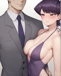 1boy 1boy1girl 1girls ai_generated bare_arms bare_shoulders blush breast_press breasts cheating cheating_wife cleavage collarbone covered_navel covered_nipples dress drunk drunk_bubble faceless_male female halterneck hands_on_ass komi-san_wa_komyushou_desu komi_shuuko mature_female milf netorare notreallyhere purple_eyes purple_hair short_hair sideboob simple_background size_difference smile suit unseen_male_face upper_body