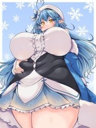 absurdres ahoge bare_shoulders belly belly_grab blue_background blue_hair blush border braid breasts breasts_apart buttons closed_mouth commentary_request cowboy_shot curvy fat female flower frills fur_trim hair_between_eyes hair_flower hair_ornament half_updo heart heart_ahoge highres hololive hololive_gen_5 hololive_japan huge_breasts kurokaze_no_sora long_hair long_sleeves multicolored_hair outside_border plump pointy_ears side_braid snowflake_background snowflakes solo streaked_hair sweatdrop thick_thighs thighs very_long_hair virtual_youtuber white_border yellow_eyes yukihana_lamy yukihana_lamy_(1st_costume)