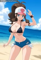 ai_generated aindroidparanoid baseball_cap beach big_breasts bikini blue_eyes breasts brown_hair cap cleavage covered_nipples denim_shorts hat hilda_(pokemon) hips huge_breasts large_breasts long_hair narrow_waist navel nipples outdoors pokemon pokemon_(species) pokemon_bw pokemon_trainer ponytail short_hair slim_waist stable_diffusion taller_girl thick_thighs tight_clothing voluptuous watch wavy_hair wide_hips