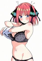 ai_assisted ai_generated armpits bare_arms bare_belly bare_shoulders belly_button big_breasts black_bra black_panties blue_eyes blush body_blush bra breasts cleavage closed_mouth go-toubun_no_hanayome groin hair_ornament hair_ribbon jei_games lace-trimmed_bra lace-trimmed_panties nakano_nino panties red_hair removing_shirt short_hair sweatdrop underwear undressing