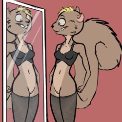 ariadne bottomless bra clothed clothing comic falseseke female flat_colors fur furry furry_only legwear lingerie mammal mirror rodent sciurid shaved_side shaved_sides stockings teenager underwear young