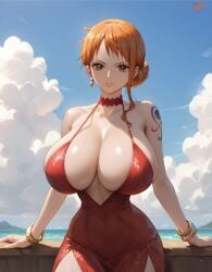 1boy ai_generated big_breasts brown_hair dress female female_only huge_breasts marshalperv nami nami_(one_piece) narrow_waist one_piece orange_hair pervmarshal tagme tattoo tattoo_on_arm wide_hips