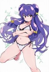 ai_assisted arms_under_breasts bare_arms bare_belly bare_legs bare_shoulders bare_thighs barefoot belly_button big_breasts bikini blush breasts chinese cleavage collarbone double_bun feet groin hair_ornament hair_ribbon hairbun jei_games long_hair parted_lips purple_hair ranma_1/2 red_eyes shampoo_(ranma_1/2) shiny_skin side-tie_bikini_bottom thighs toes white_bikini