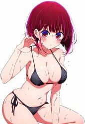 ai_assisted ai_generated arima_kana ass_visible_through_thighs bare_arms bare_belly bare_legs bare_shoulders bare_thighs belly_button bikini black_bikini blush breasts cleavage closed_mouth collarbone jei_games medium_breasts oshi_no_ko red_eyes red_hair shiny_skin short_hair side-tie_bikini_bottom sideboob strap_pull thighs wet_body