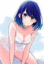 ai_assisted ai_generated bare_arms bare_legs bare_thighs barefoot blue_hair blush bra breasts cleavage closed_mouth collarbone green_eyes jei_games kurokawa_akane medium_breasts nightgown on_knees oshi_no_ko panties short_hair side-tie_panties smile strap_slip sweat sweaty_body thighs underwear white_bra white_nightgown white_panties white_underwear