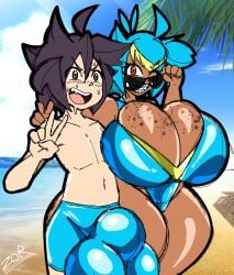 1boy 1girls 2024 adjusting_eyewear artist_signature ass bakugan beach big_ass big_breasts big_bulge big_penis bikini blue_bikini blue_swimsuit blush braces breasts bulge cleavage curvaceous curvy curvy_figure dark-skinned_female dark_skin duo duo_focus female freckles freckles_on_breasts gigantic_breasts gijinka huge_breasts humanized large_breasts looking_over_eyewear looking_over_sunglasses male open_mouth open_mouth_smile pale-skinned_male pale_skin peace_sign penis red_eyes self_insert shorts smile sunglasses sweat sweatdrop sweating swimsuit thick_thighs tinted_eyewear top_heavy ventri_(bakugan) voluptuous wide_hips zoruadrawsstuff