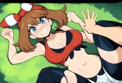 1boy ai_generated defeated defeated_heroine female imminent_sex large_breasts looking_at_viewer may_(pokemon) mullon novelai pokemon pokemon_oras pov pov_hands solo torn_clothes