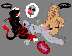 1futa 2boys collar dialogue folly_(regretevator) futanari mannequin_mark_(regretevator) mastectomy_scar nsfw regretevator roblox spitroast strap-on tagme threesome wallter_(regretevator)