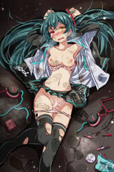 after_sex ahoge aqua_hair aqua_nails armpits arms_up bag bangs black_footwear black_jacket blush boots bra breasts broken_headphones cable cleavage collarbone cracked_floor cum cum_in_pussy dirty feet_out_of_frame female from_above hand_mirror hatsune_miku headphones heart heterochromia jacket light lipstick_tube long_hair long_sleeves lying miniskirt mirror nail_polish navel no_panties nose_blush on_back on_floor open_clothes open_jacket open_shirt panties panties_around_leg parted_lips pink_bra pink_panties polka_dot polka_dot_bra project_diva project_diva_(series) red_eyes shirt skirt small_breasts solo stomach sweat thigh_boots thighhighs torn_clothes torn_legwear tsukishiro_saika twintails underwear upskirt very_long_hair vocaloid white_shirt yellow_eyes