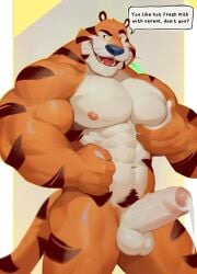 abs anthro anthro_furry anthro_tiger balls_out biceps blue_nose cereal_mascot cock cum cumming dick fangs furry furry_only kelloggs marius_tygo mascot muscle muscular muscular_anthro muscular_anthro_tiger muscular_tiger orange_fur pecs penis penis_out pre_cum pre_cumming red_tongue speech_bubble squeezing_own_pec stripes tail_out talking_to_viewer text tiger tongue tony_the_tiger triceps white_abs white_pecs