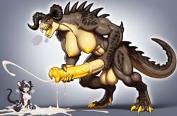 ai_generated anthro deathclaw excessive_cum futa_on_female glowing_penis horsecock jane_(strathmoron) muscular_futanari rat size_difference strathmoron